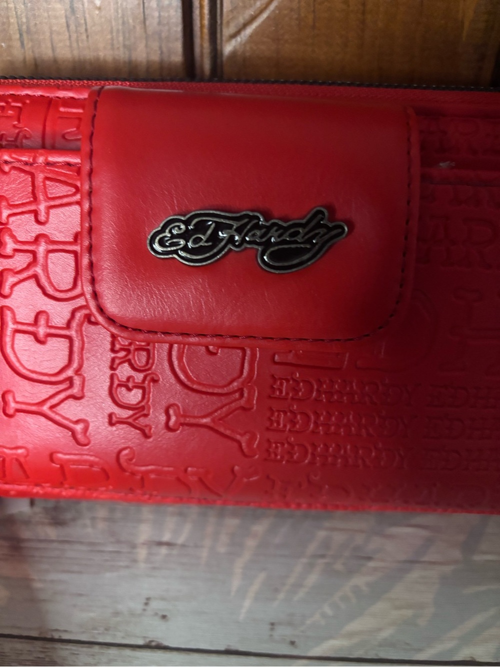 Ed Hardy Red Embossed Wristlet Clutch with Logo Plaque - Picture 3 of 8